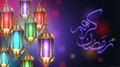 Ramadan Kareem Greetings with Colorful Set of Lanterns or Fanous in a Dark Glowing Background. 3D Realistic Vector Illustration