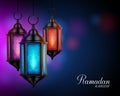 Ramadan Kareem Greetings with Colorful Set of Lanterns or Fanous