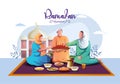 Ramadan Kareem greetings group of family people eating with Arabic background. abstract vector illustration design
