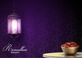 Ramadan Kareem greetings with lanterns hanging and a bowl of dates on dinner table