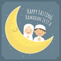 Happy Fasting Greeting Card, Muslim Children and Moon Cartoon Vector