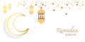 Ramadan Kareem holiday background. Design with flat crescent,Â lantern, starÂ objects and Text.