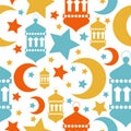 Seamless pattern design with flat lantern, star, crescentÂ objects. Celebrate Ramadan Holy month in Islam.