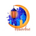 Ramadan Kareem holiday greeting card design. Symbols of Ramadan Mubarak: Muslim Mosque, Crescent, Ramazan Lantern. Digital art