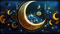 Ramadan kareem holiday illustration in blue and gold colors. Patterned moon, islamic mosque, stars. Calendar, brochure