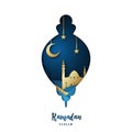 Ramadan Kareem illustration with arabic Gold Origami Mosque in silhouette lamp