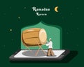 Ramadan Kareem illustration, cellphone art and playing drum in the Ramadan Kareem environment