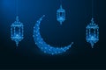 Ramadan Kareem illustration made by points and lines, polygonal wireframe mesh. Low poly islamic crescent and arabic lantern.