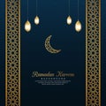 Ramadan Kareem, Islamic Arabic Blue Luxury Background with Geometric pattern Border and Lanterns Royalty Free Stock Photo