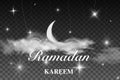 Ramadan greeting card with crescent. Ramadan Kareem islamic design crescent moon on starry background with clouds.