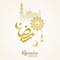 Ramadan Kareem islamic design Ramadan mubarak calligraphy and mosque dome silhouette with mandala ornament and gold color