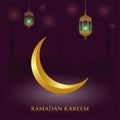 Ramadan Kareem islamic greeting card design with mosque, arabic lantern Fanus and gold crescent moon. Ramadan holiday background. Royalty Free Stock Photo