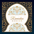 Ramadan Kareem islamic greeting card. Eastern design line mosque with arabic pattern