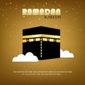 Ramadan Kareem Islamic greeting design with Kaaba and mosque sketch Muslim background, Holy Kaaba in Mecca Saudi Arabia for Hajj