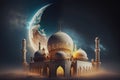 Ramadan kareem islamic mosque with moon, Eid mubarak greeting background, Generative Ai Royalty Free Stock Photo