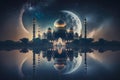 Ramadan kareem islamic mosque with moon, Eid mubarak greeting background, Generative Ai Royalty Free Stock Photo