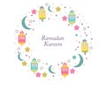 Ramadan Kareem with Lamps, Crescents and Stars. Traditional lantern of Ramadan circle frame colorful vector illustration