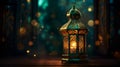 Ramadan kareem lantern. Arabic night background, islamic backdrop in emerald and gold colors. Royalty Free Stock Photo