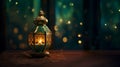 Ramadan kareem lantern. Arabic night background, islamic backdrop in emerald and gold colors. Royalty Free Stock Photo