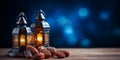 Ramadan kareem lantern and date fruits. Arabic night backdrop, islamic Ramadan blue background Royalty Free Stock Photo