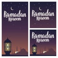 Ramadan kareem lettering with lamp, minarets, crescent, star in sky.