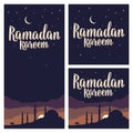 Ramadan kareem lettering with minarets, crescent, star in night sky.