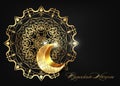 Ramadan Kareem of luxury poster or invitation design with gold islamic ornaments symbols, golden crescent moon on black modern