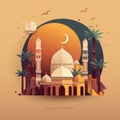 Ramadan Kareem modern style design with mosque dome, palm trees and moon, flat design, vector. Royalty Free Stock Photo