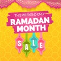 Ramadan Kareem month sale offer, banner template. Colored lamps with lettering, isolated on yellow background with