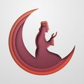 Ramadan Kareem, moon and the praying person. Paper style. Red, orange and burgundy shades.