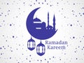 Ramadan Kareem. Mosque and a crescent. Lantern, stars and moon. Muslim holiday lights. Vector