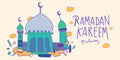 Ramadan kareem mosque kids doodle illustration islamic greeting card, banner, poster, vector illustration background