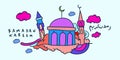 Ramadan kareem mosque kids doodle illustration islamic greeting card, banner, poster, vector illustration background