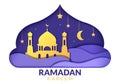 Ramadan Kareem with Mosque, Lanterns and Moon in Flat Background Vector Illustration for Religious Holiday Islamic Eid