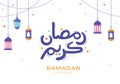 Ramadan Kareem with Mosque, Lanterns and Moon in Flat Background Vector Illustration for Religious Holiday Islamic Eid