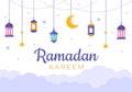 Ramadan Kareem with Mosque, Lanterns and Moon in Flat Background Vector Illustration for Religious Holiday Islamic Eid