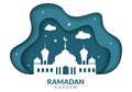 Ramadan Kareem with Mosque, Lanterns and Moon in Flat Background Vector Illustration for Religious Holiday Islamic Eid