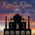 Ramadan Kareem.Mosque,ornamental window,moon,Night sky