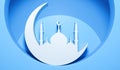 Ramadan Kareem Mubarak crescent, blue pastel background. Design creative concept of Islamic celebration day