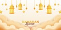 Ramadan kareem mubarak hanging 3d cute golden fanous arabic lantern with cloud and light color for islamic event