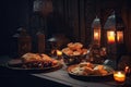 Ramadan Kareem. Muslim feast of the holy month of Ramadan Kareem. Delicious Ramadan iftar and Suhoor traditional meal, AI