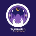 Ramadan kareem - Muslims are praying on the moonlit night in circle layer style vector design