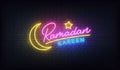 Ramadan Kareem neon. Lettering glowing colorful sign for Ramadan celebration with crescent moon and star