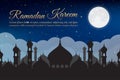 Ramadan Kareem. Night sky with mosque silhouette and moon, clouds. Arabic background Royalty Free Stock Photo