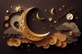 Ramadan Kareem paper cut composition with gold crescent moon, stars and clouds. AI generative Royalty Free Stock Photo