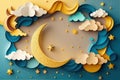Ramadan Kareem paper cut composition with gold crescent moon, stars and clouds. AI generative Royalty Free Stock Photo
