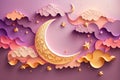 Ramadan Kareem paper cut composition with gold crescent moon, stars and clouds. AI generative Royalty Free Stock Photo