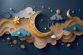 Ramadan Kareem paper cut composition with gold crescent moon, stars and clouds. AI generative Royalty Free Stock Photo