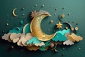 Ramadan Kareem paper cut composition with gold crescent moon, stars and clouds. AI generative Royalty Free Stock Photo