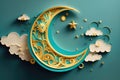 Ramadan Kareem paper cut composition with gold crescent moon, stars and clouds. AI generative Royalty Free Stock Photo